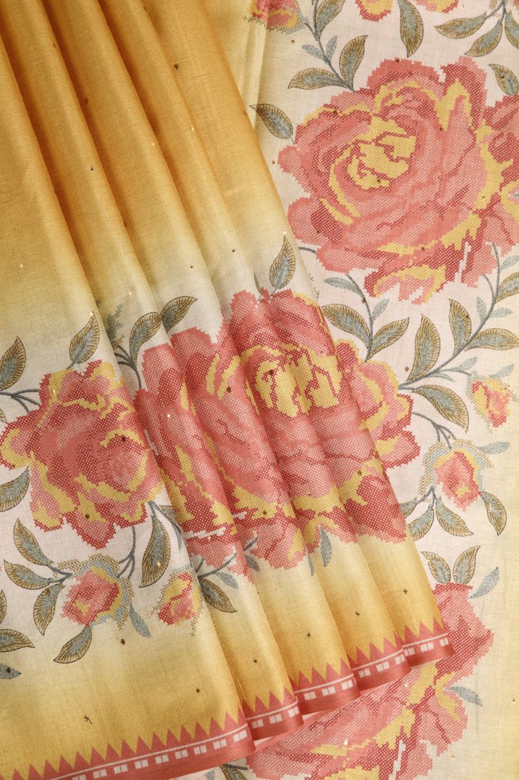 Macaroon Yellow Tussar Saree with Without Zari Zari Mirror Jamiki Puttas view 1