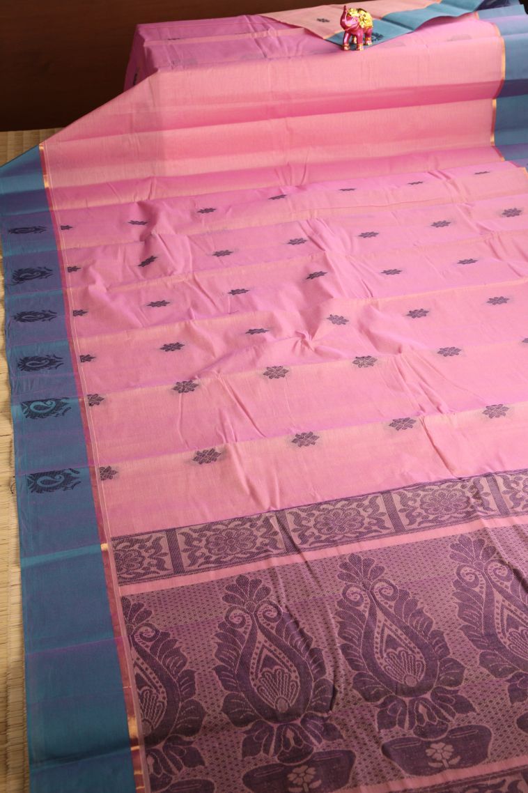 Rose Pink Chettinad Cotton Sarees with Gold Zari Floral Puttas view 2