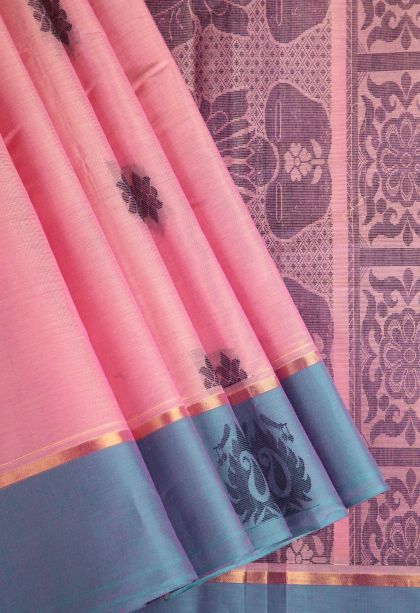 Rose Pink Chettinad Cotton Sarees with Gold Zari Floral Puttas