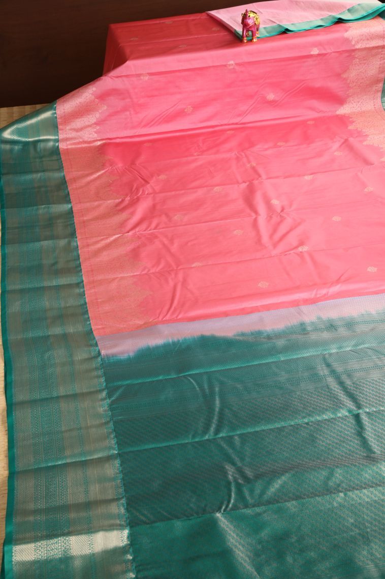 Watermelon Pink Apoorva Silk Sarees with Gold Zari Floral Puttas view 2