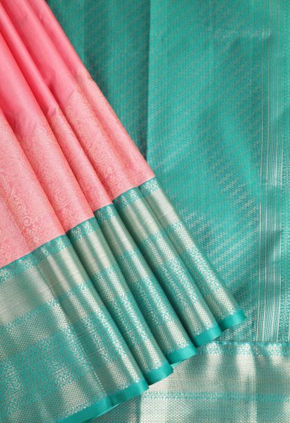 Watermelon Pink Apoorva Silk Sarees with Gold Zari Floral Puttas