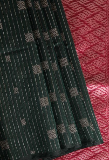 Bottle Green Silk Cotton Sarees with Silver Zari Geometric Shapes