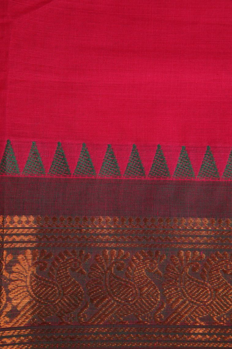 Candy Red Chettinad Cotton Sarees with Gold Zari Plain view 3