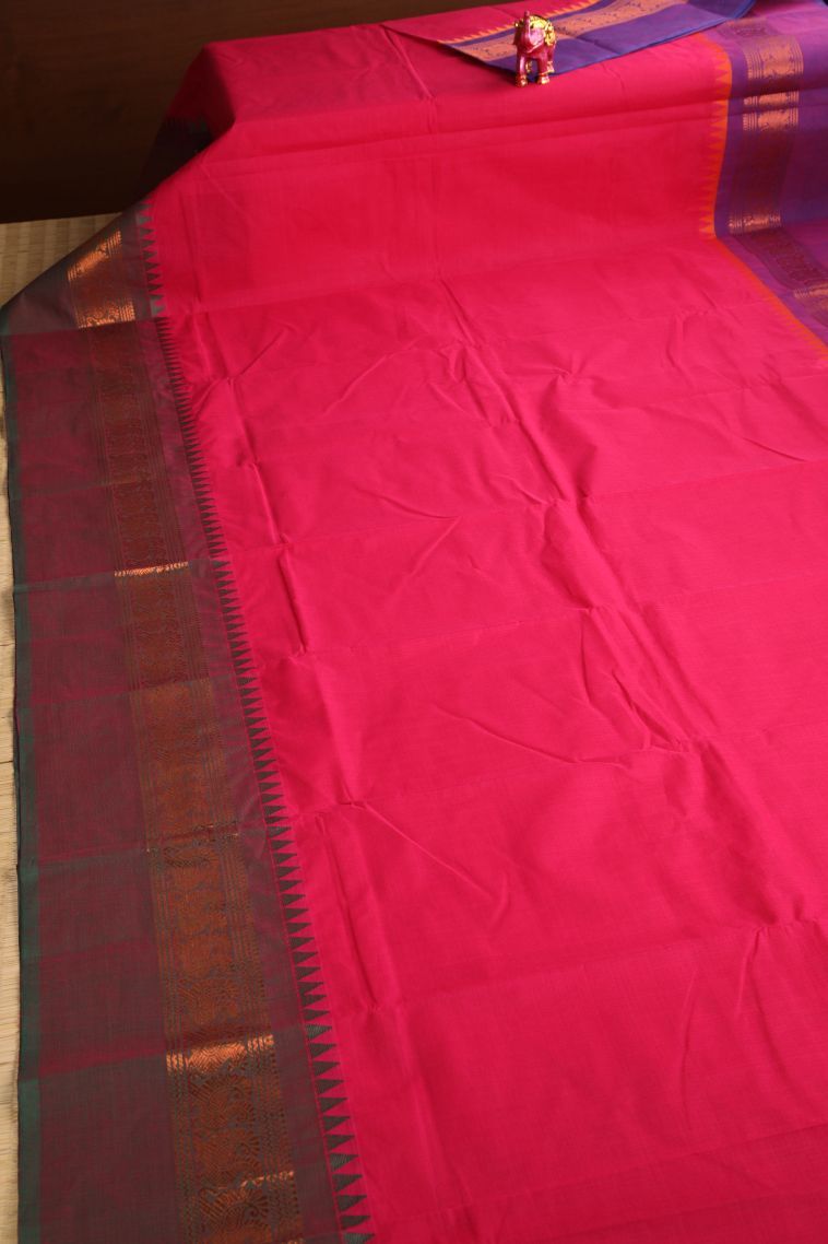 Candy Red Chettinad Cotton Sarees with Gold Zari Plain view 2