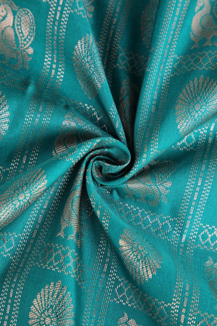 Cerulean Blue Apoorva Silk Sarees with Silver Zari Floral Puttas view 4