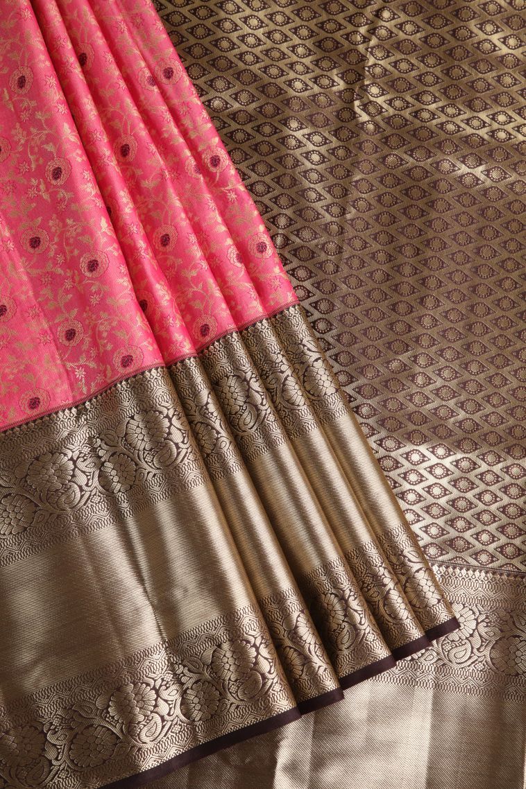 Punch Pink Apoorva Silk Sarees with Gold Zari Floral Patterns view 1