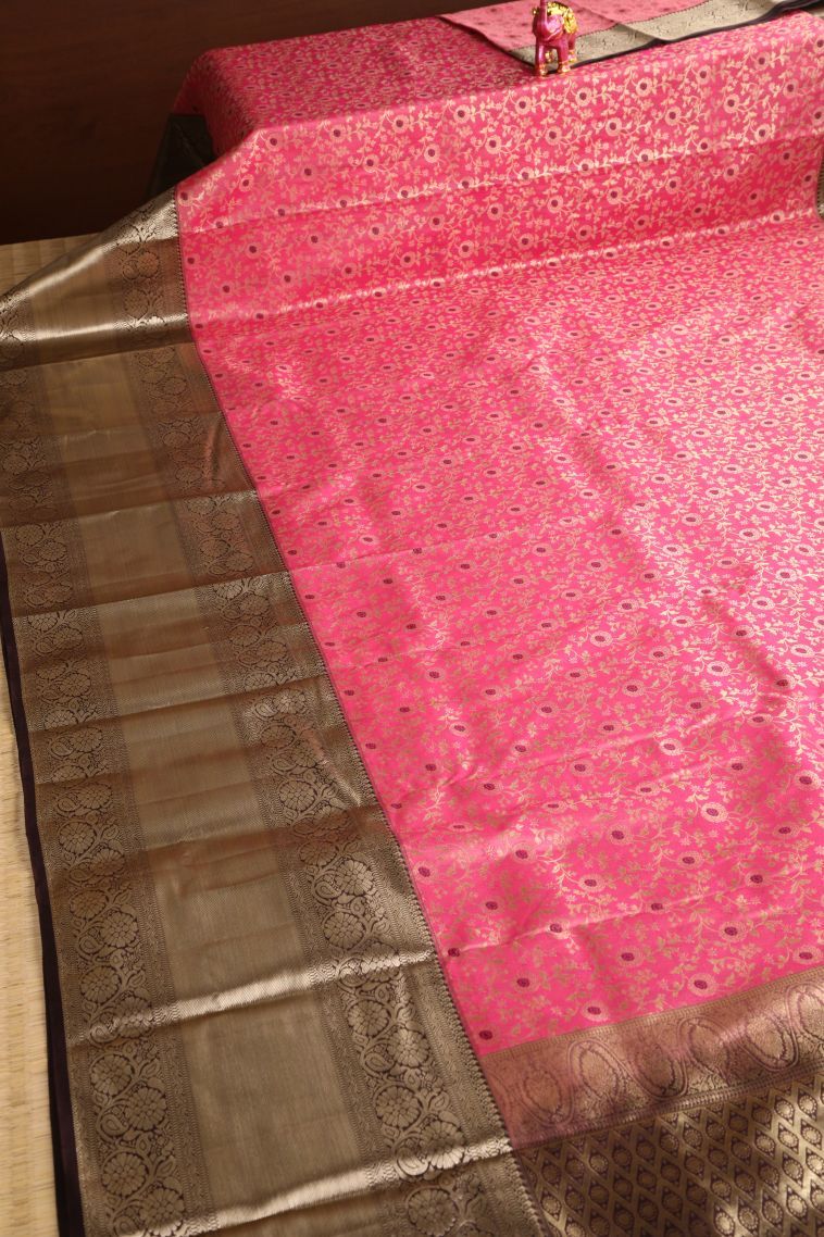 Punch Pink Apoorva Silk Sarees with Gold Zari Floral Patterns view 2