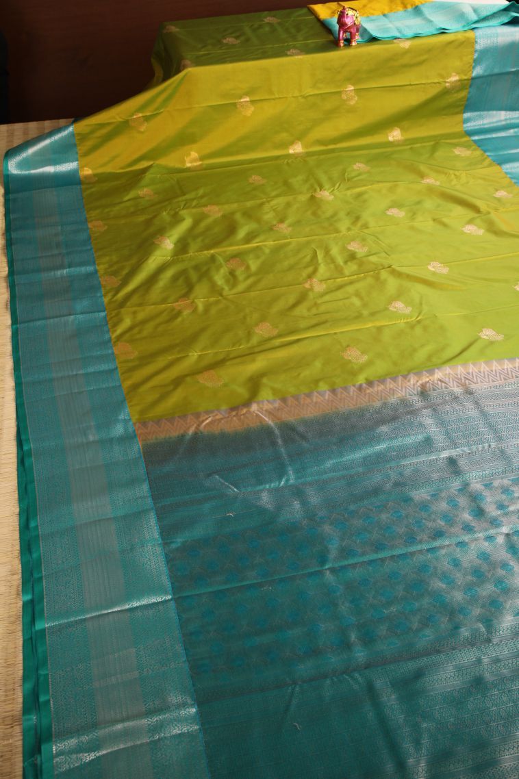 Chartreuse Green Apoorva Silk Sarees with Gold Zari Floral Puttas view 2