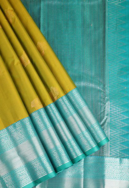 Chartreuse Green Apoorva Silk Sarees with Gold Zari Floral Puttas