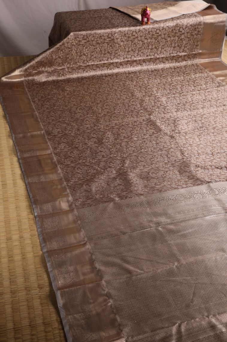 Caramel Brown Tissue Silk Sarees with Gold Zari Floral Patterns view 2