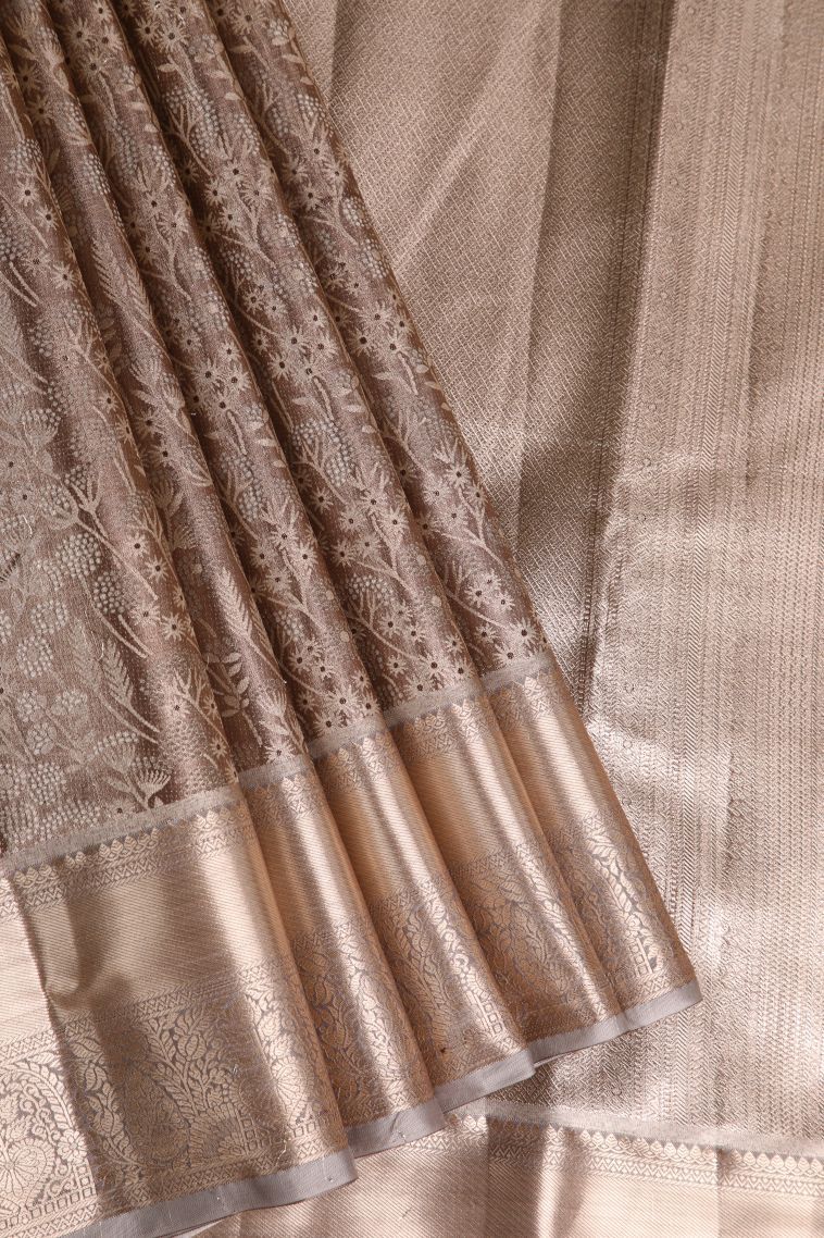 Caramel Brown Tissue Silk Sarees with Gold Zari Floral Patterns view 1