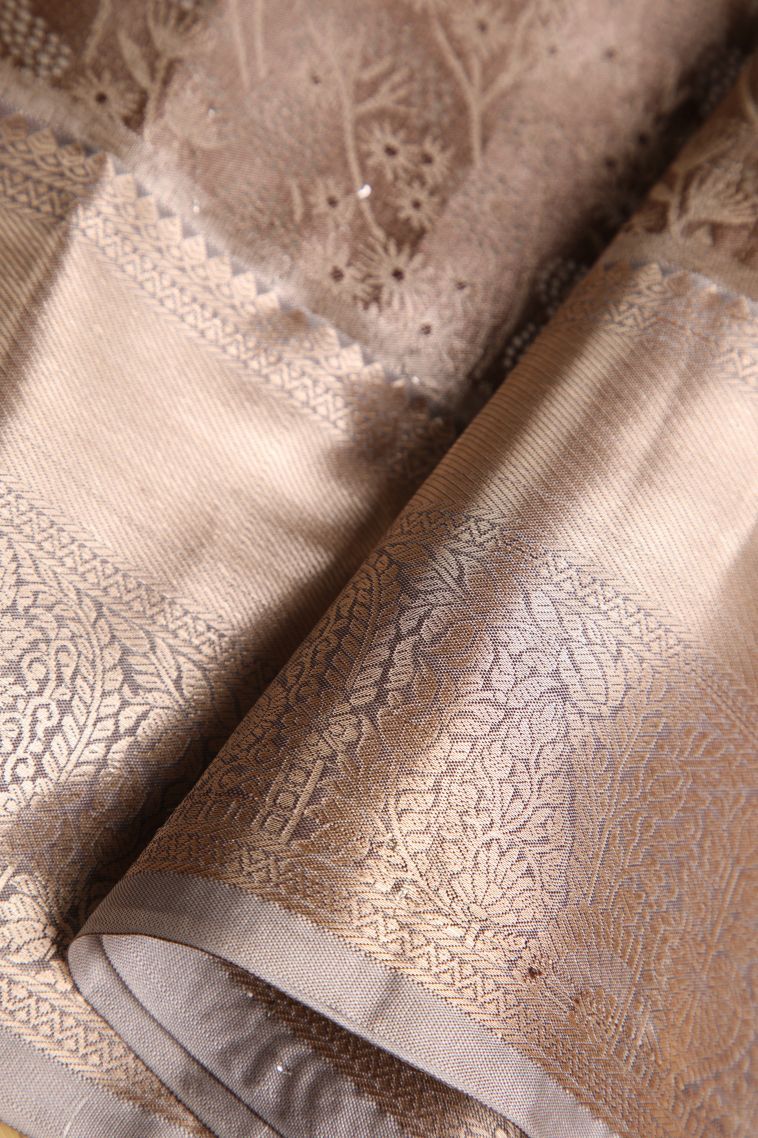 Caramel Brown Tissue Silk Sarees with Gold Zari Floral Patterns view 4