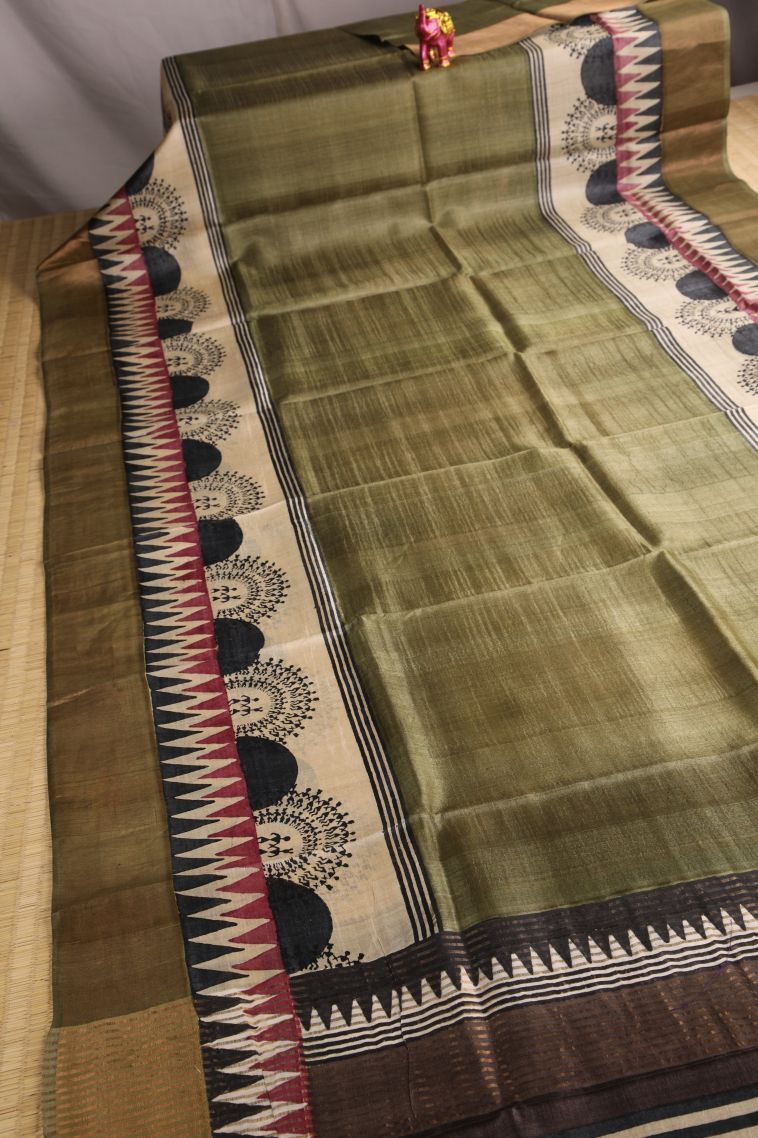 Moccon Green Tussar Saree with Gold Zari Plain With Border view 2