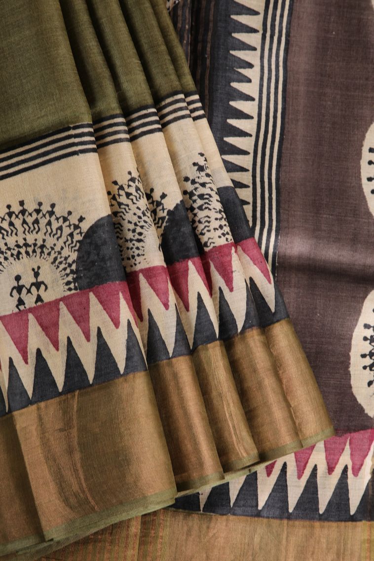 Moccon Green Tussar Saree with Gold Zari Plain With Border view 1