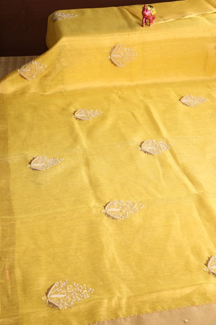 Biscotti Yellow Tissue Silk Sarees with Gold Zari Beeds Work view 2