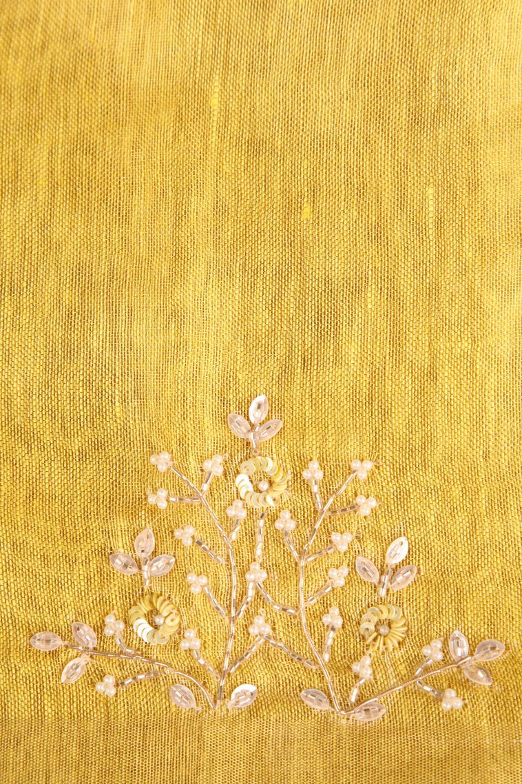 Biscotti Yellow Tissue Silk Sarees with Gold Zari Beeds Work view 3