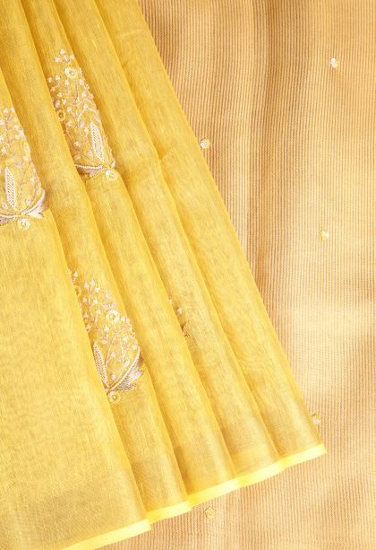 Biscotti Yellow Tissue Silk Sarees with Gold Zari Beeds Work