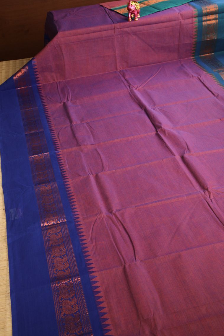 Bosenberry Purple Chettinad Cotton Sarees with Gold Zari Plain view 2