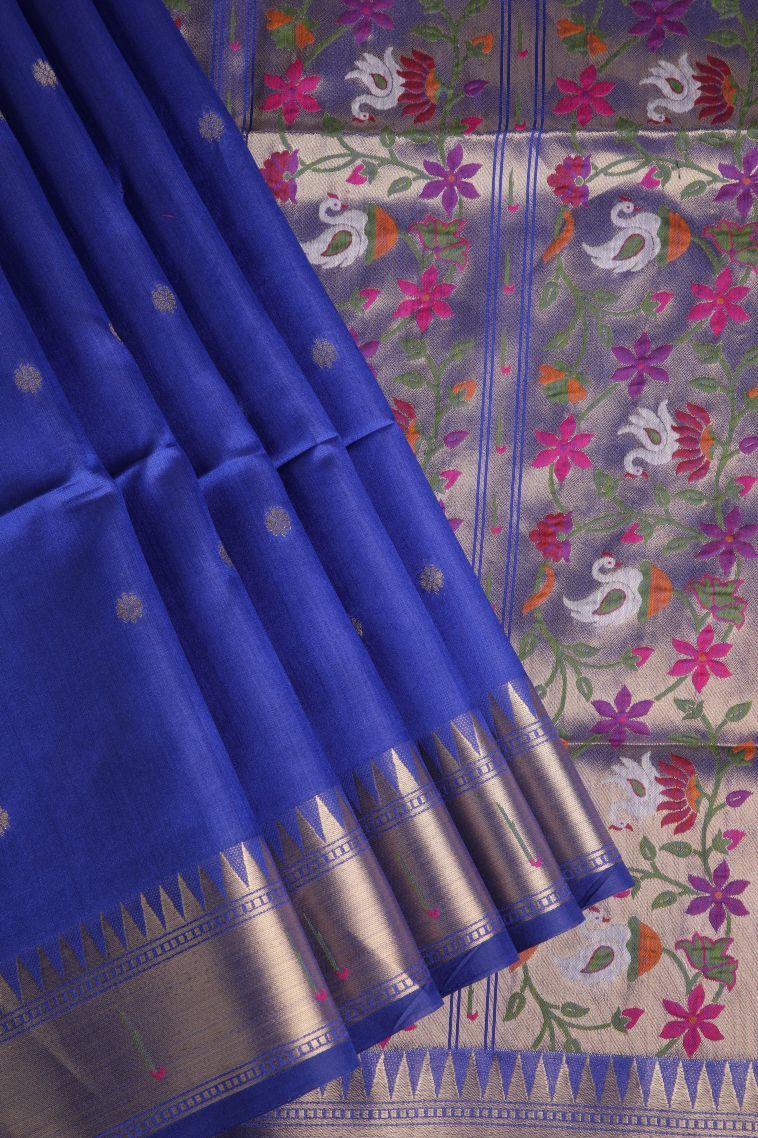 Cobalt Blue Banaras Sarees with Gold Zari Buttis (small Dots Or Motifs) view 1