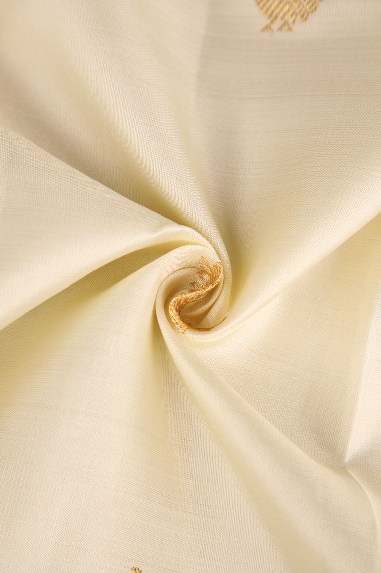 Ivory White Kanchipuram Silk Sarees with Gold Zari Peacock Motifs view 4