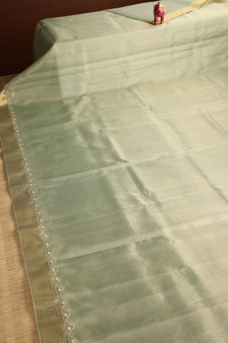 Pistachio Green Tissue Silk Sarees with Gold Zari Plain view 2