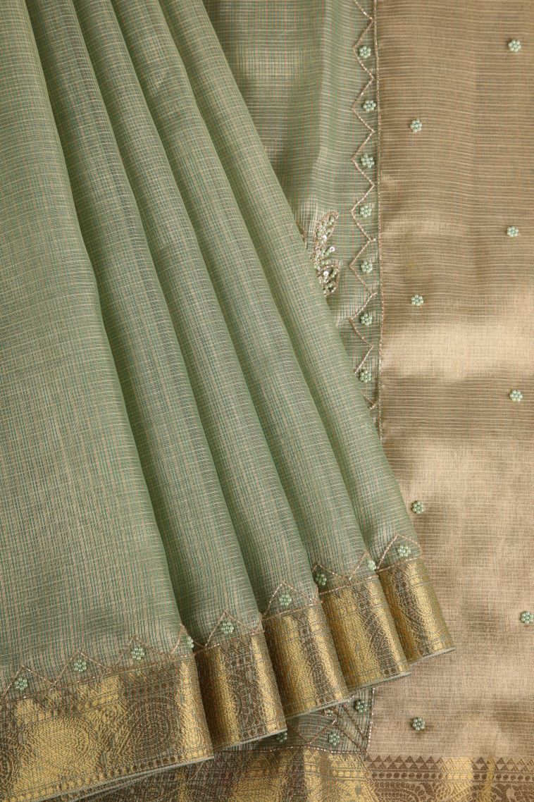 Pistachio Green Tissue Silk Sarees with Gold Zari Plain view 1