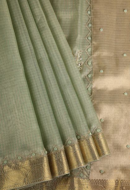 Pistachio Green Tissue Silk Sarees with Gold Zari Plain
