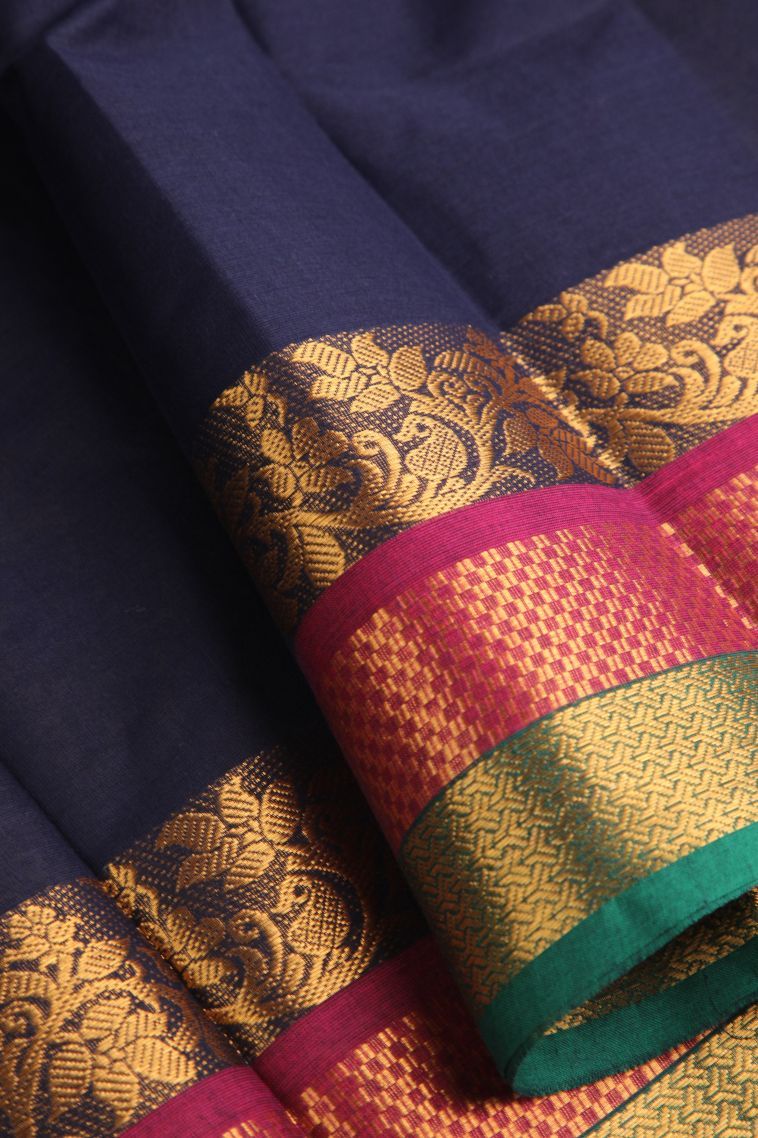Indigo Blue Chettinad Cotton Sarees with Gold Zari Plain view 4