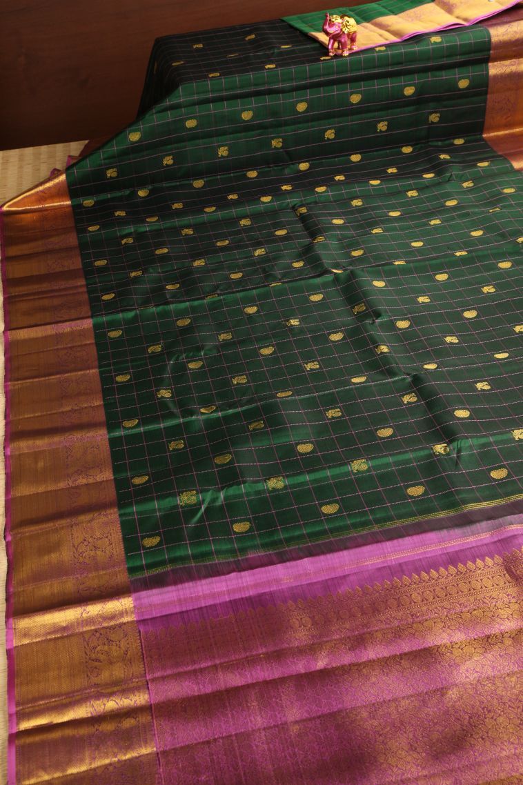 Bottle Green Kanchipuram Silk Sarees with Gold Zari Peacock Motifs view 2