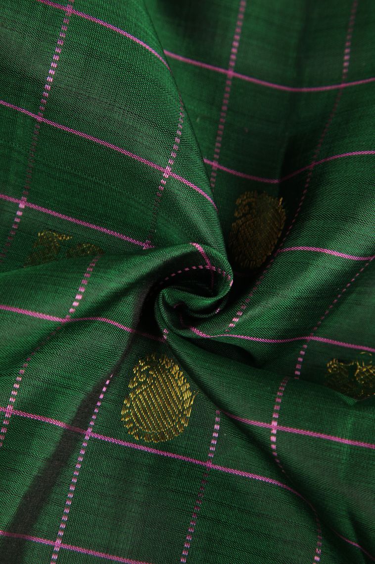Bottle Green Kanchipuram Silk Sarees with Gold Zari Peacock Motifs view 4