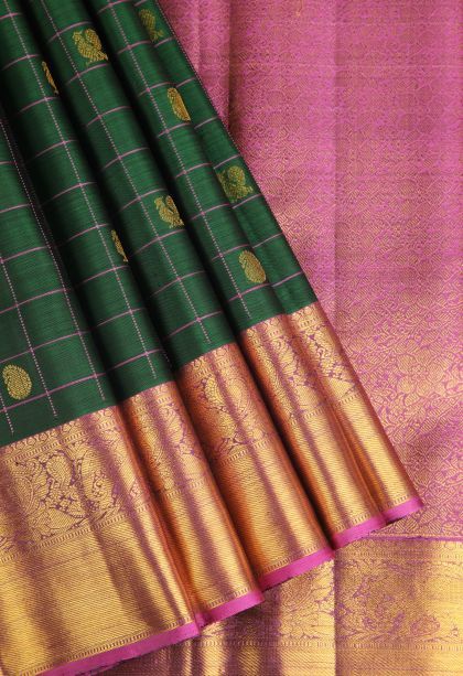 Bottle Green Kanchipuram Silk Sarees with Gold Zari Peacock Motifs