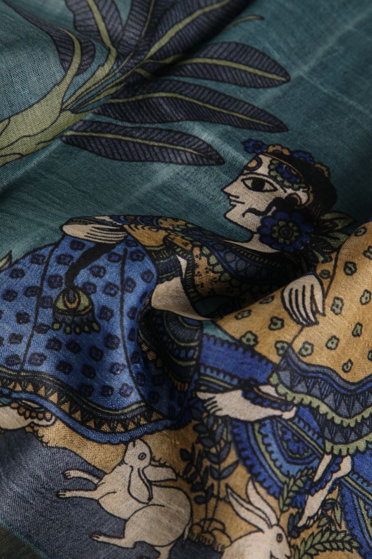 Aegean Blue Tussar Saree with Gold Zari Kalam Kari Pattern view 4