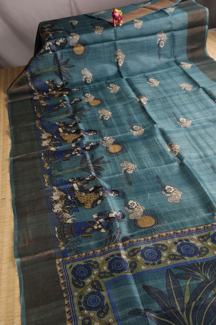 Aegean Blue Tussar Saree with Gold Zari Kalam Kari Pattern view 2
