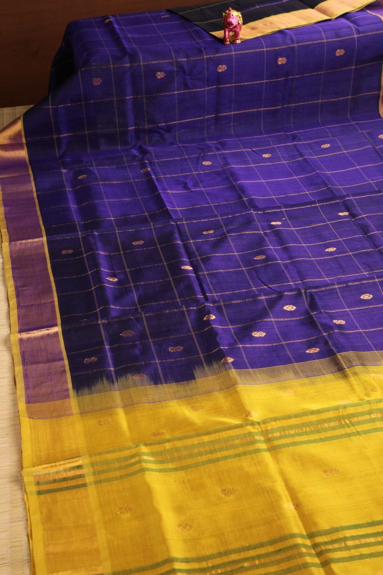 Berry Blue Silk Cotton with Gold Zari Checks And Puttas view 2