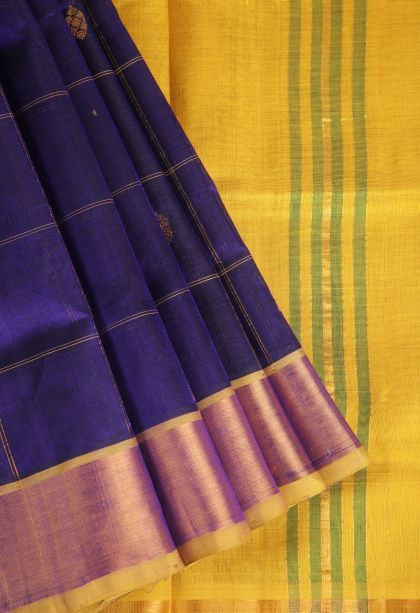 Berry Blue Silk Cotton with Gold Zari Checks And Puttas