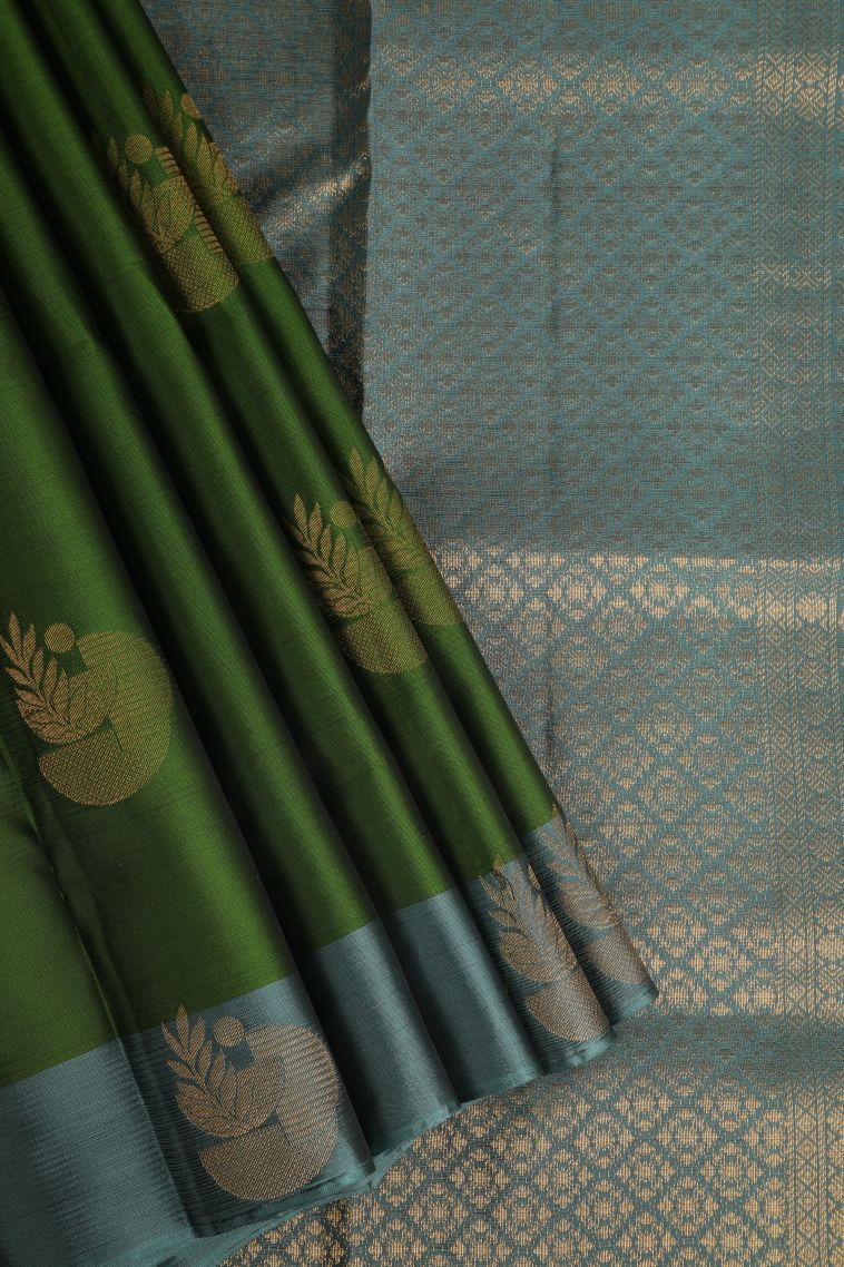 Juniper Green Soft Silk Saree with Gold Zari Floral Patterns view 1