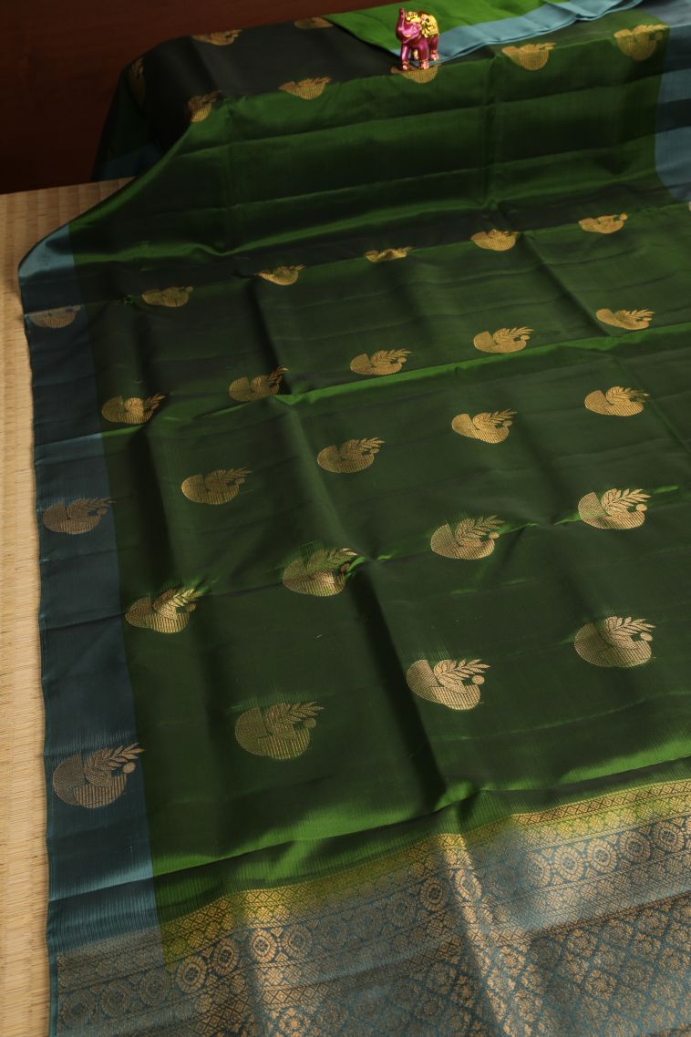 Juniper Green Soft Silk Saree with Gold Zari Floral Patterns view 2