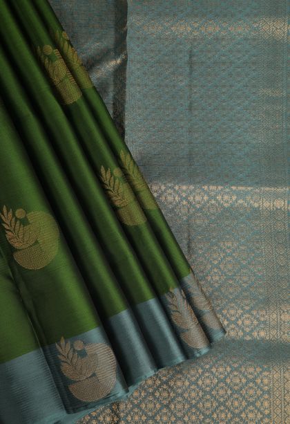 Juniper Green Soft Silk Saree with Gold Zari Floral Patterns