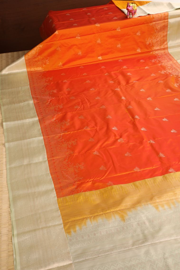 Fire Orange Apoorva Silk Sarees with Gold Zari Floral Puttas view 2