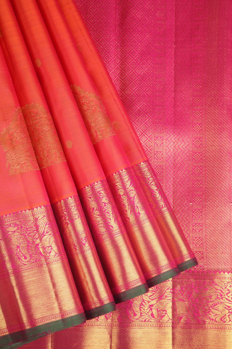 Strawberry Pink Kanchipuram Silk Sarees with Gold Zari Floral Patterns view 1