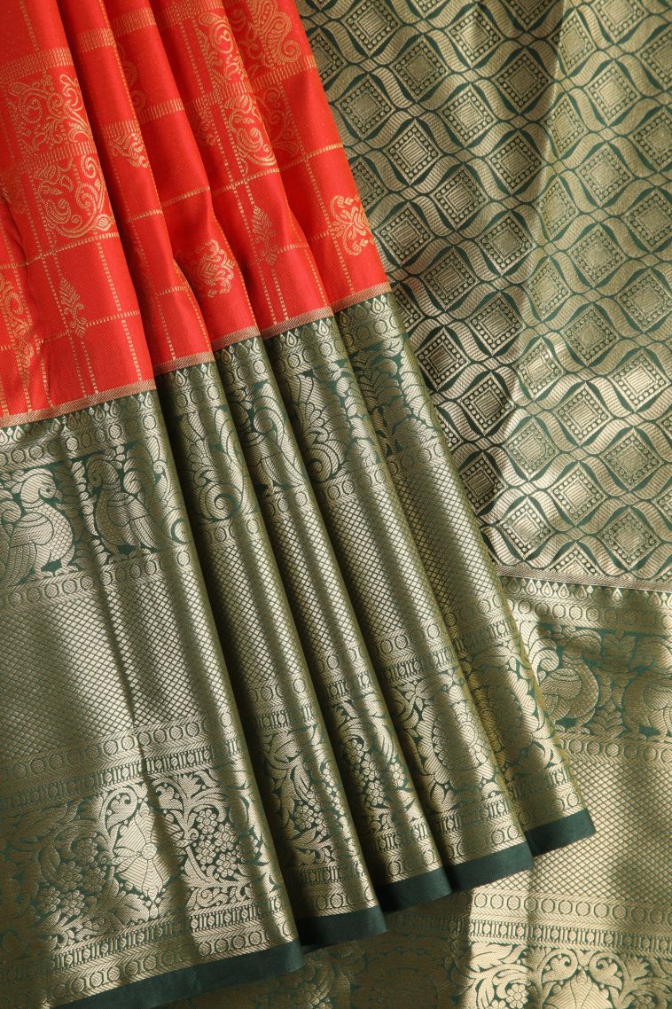 Candy Red Apoorva Silk Sarees with Gold Zari Checks And Puttas view 1