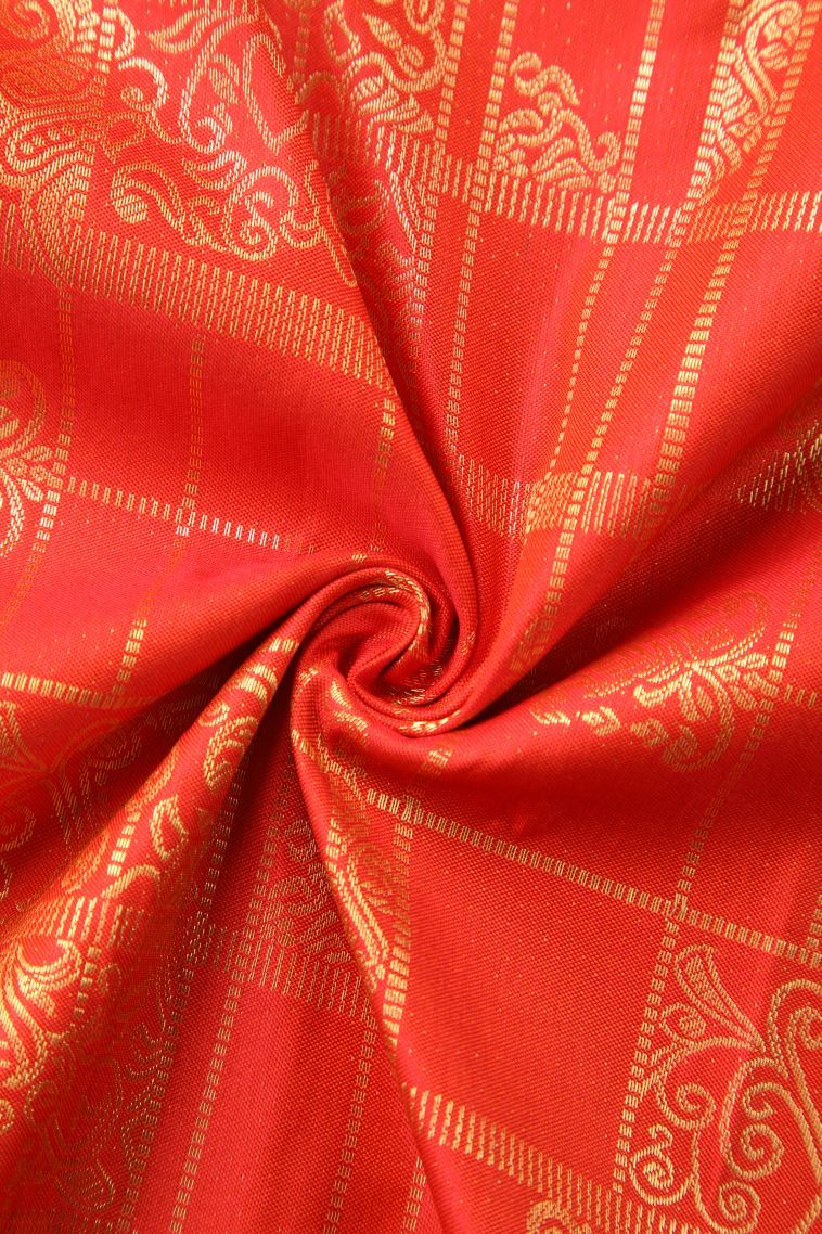 Candy Red Apoorva Silk Sarees with Gold Zari Checks And Puttas view 4