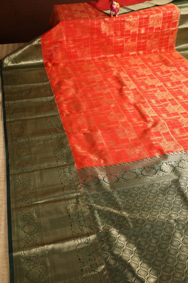 Candy Red Apoorva Silk Sarees with Gold Zari Checks And Puttas view 2