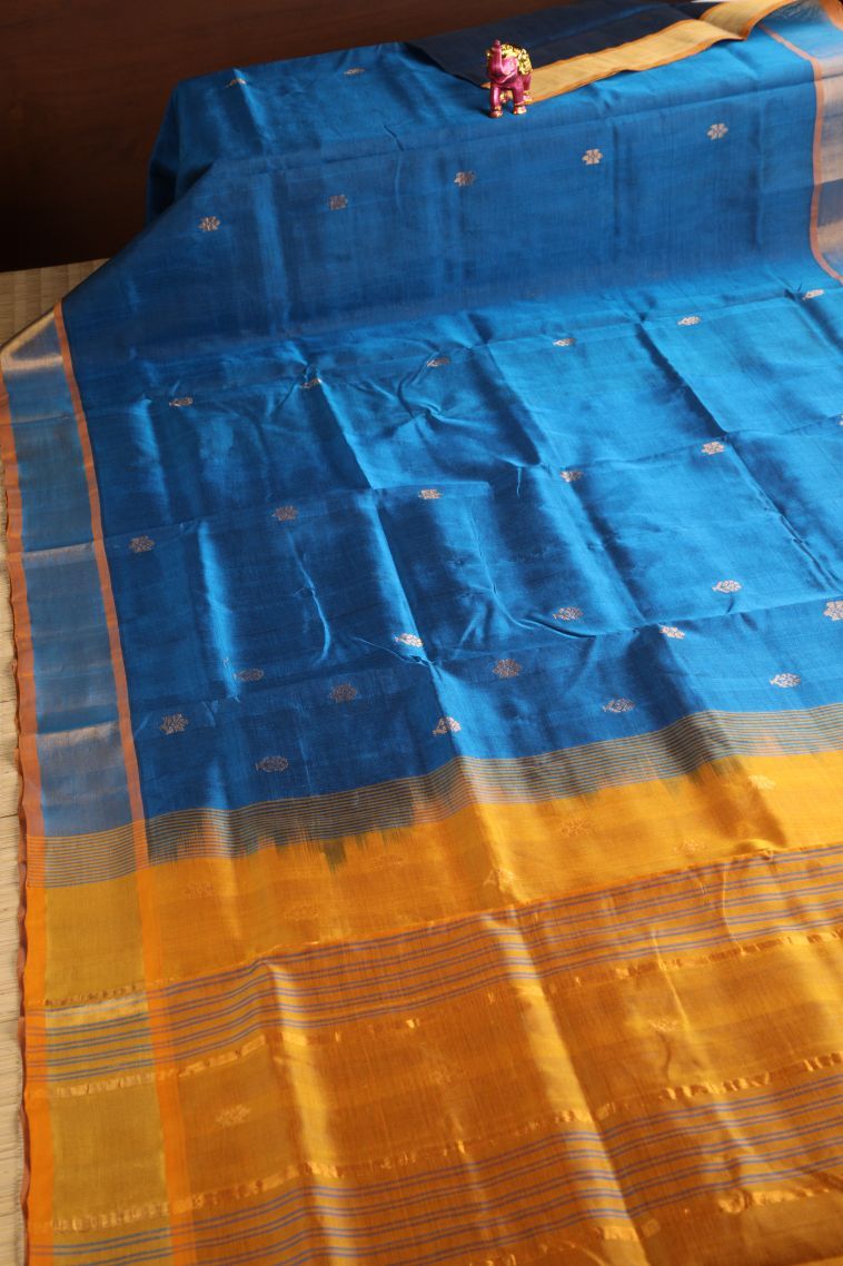 Cerulean Blue Silk Cotton with Gold Zari Buttis (small Dots Or Motifs) view 2