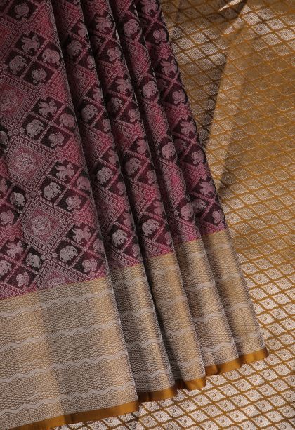 Bosenberry Purple Soft Silk Saree with Silver Zari Animal And Bird Motifs