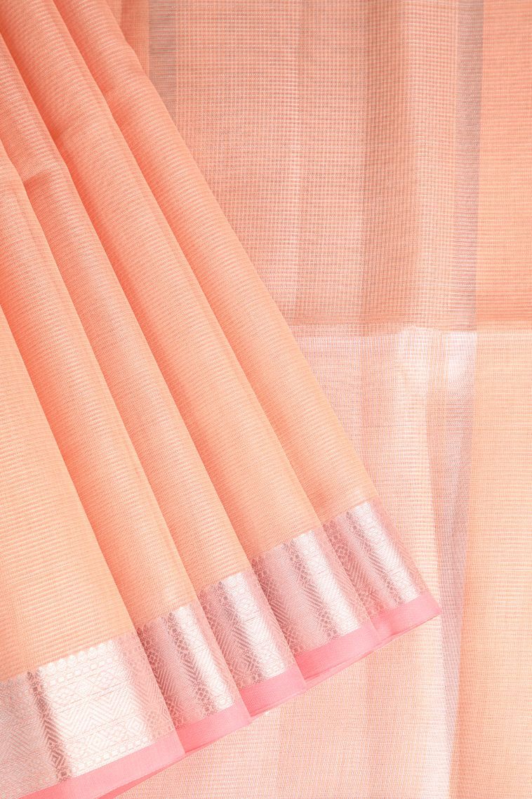 Coral Pink Organza Saree with Silver Zari Plain view 1