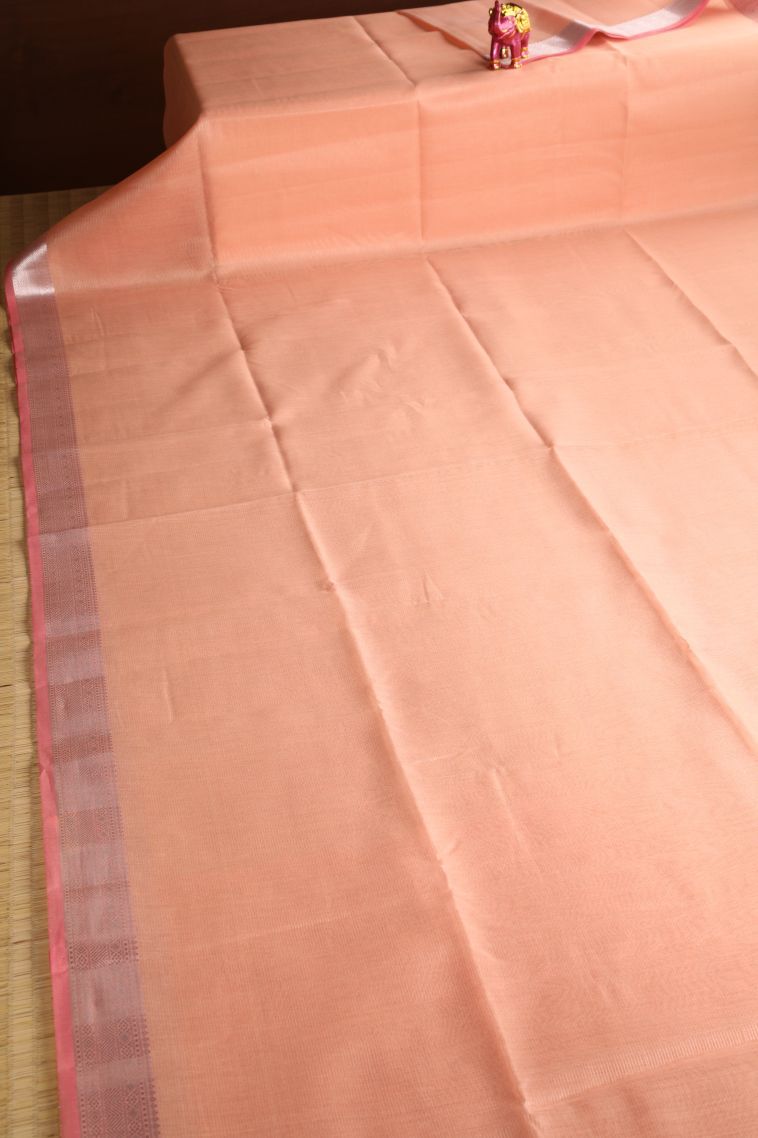 Coral Pink Organza Saree with Silver Zari Plain view 2