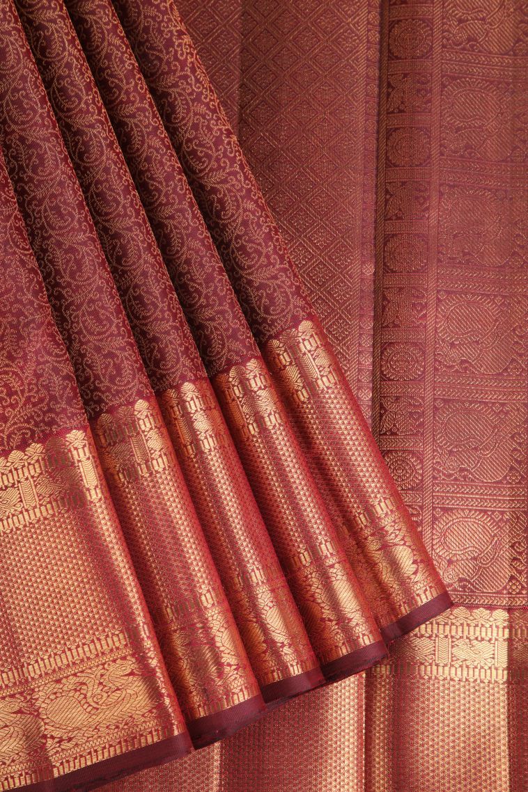 Bindi Red Kanchipuram Silk Sarees with Gold Zari Floral Patterns view 1