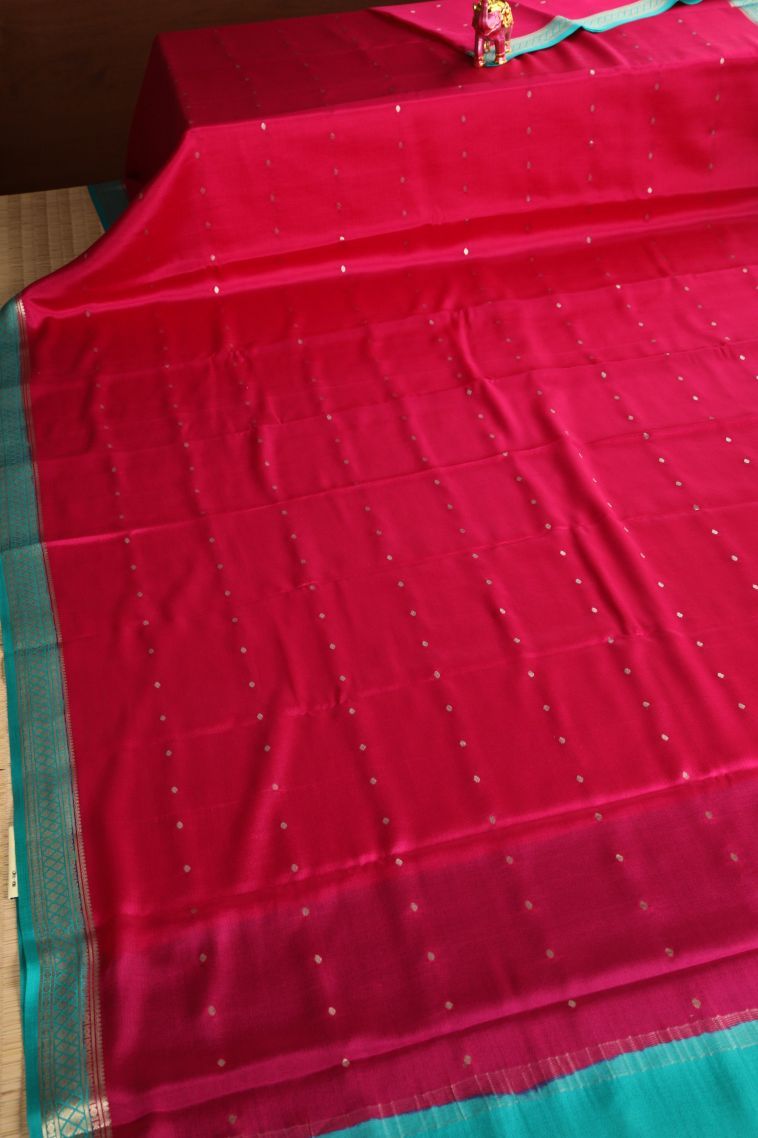 Magenta  Pink Mysore Silk with Gold Zari Buttis (small Dots Or Motifs) view 2