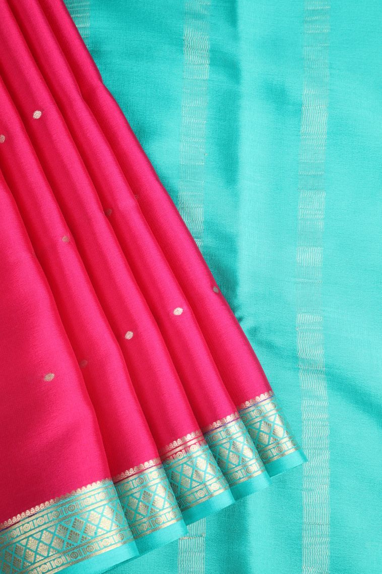 Magenta  Pink Mysore Silk with Gold Zari Buttis (small Dots Or Motifs) view 1
